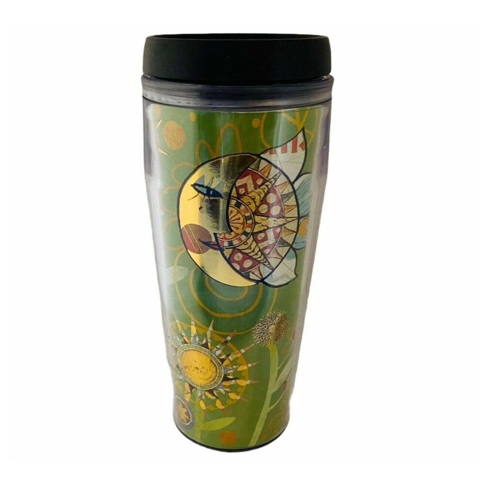 #3471 Starbucks Green Metallic Gold Sun Moon Star Hot Cold Cup Tumbler 16 oz wit